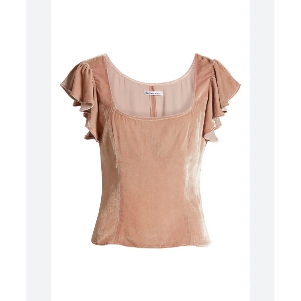 J8 Reformation Velvet Ruffle Sleeve Top‎ Pink Silk Blend Square Neck Size 0